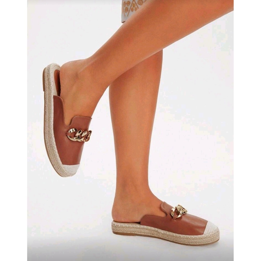 Women's Brown Chain Detail Espadrille Mules Slip On Flats Size 6.5